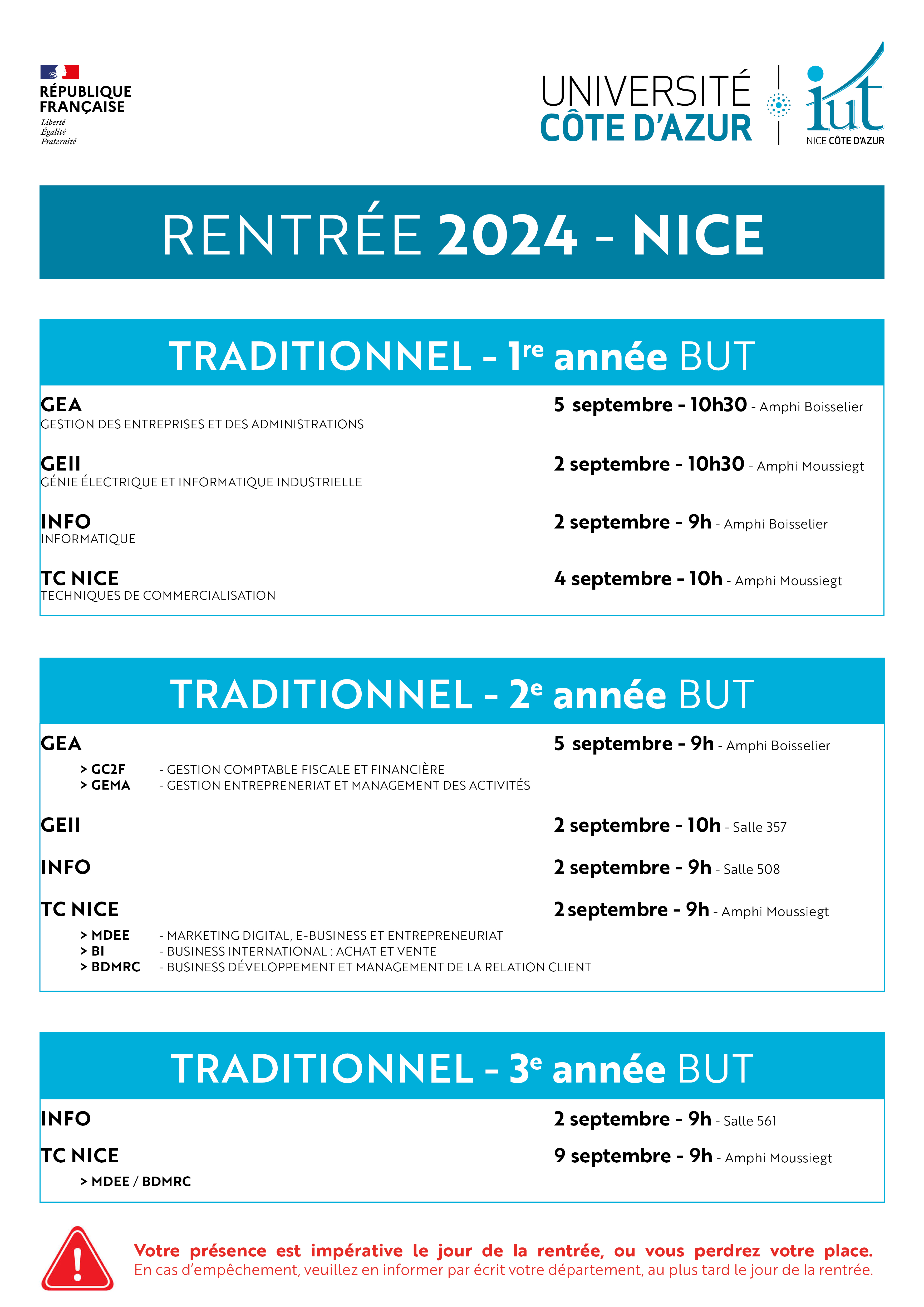 Date de rentrée - BUT en Traditionnel site de Nice